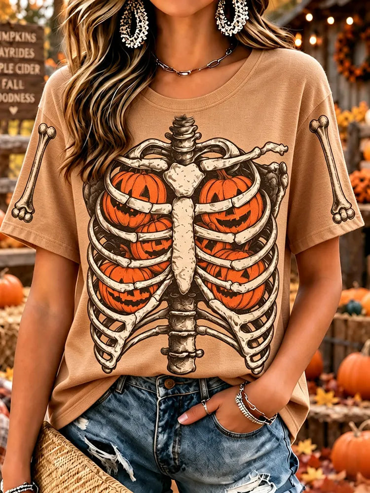 Women's Vintage Halloween Fall Pumpkin In Skeleton Print Crew Neck Short Sleeve T-shirt