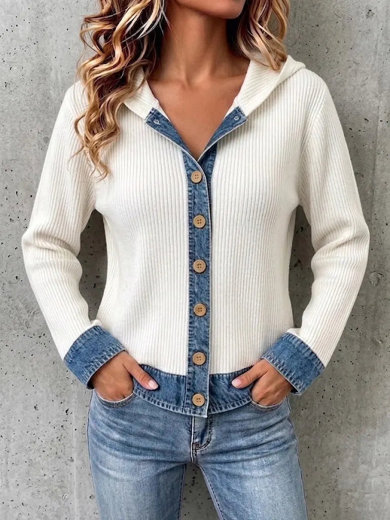 Denim-paneled Hooded Knit Cardigan