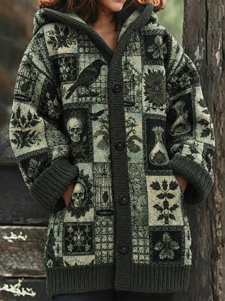 Women's Vintage Halloween Raven And Skull Knit Cardigan