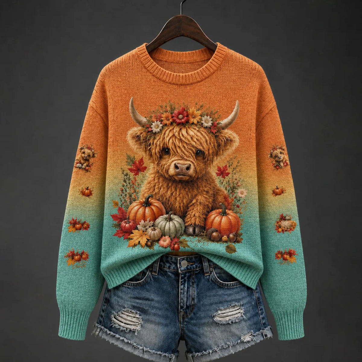 Women's Autumn Highland Cattle Pumpkin Gradient Pattern  Print Crew Neck Long-sleeve Knit Sweatshirt