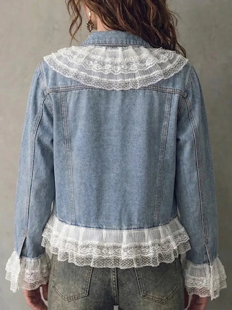 Lace Spliced Pearl Decor Cropped Denim Jacket