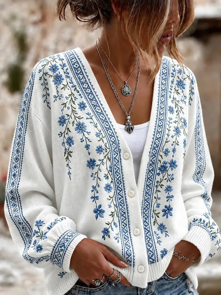 Women's Retro Floral Pattern Art Casual Knit Cardigan