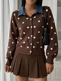 Chic Denim Patchwork Polka Dot Knit Cardigan