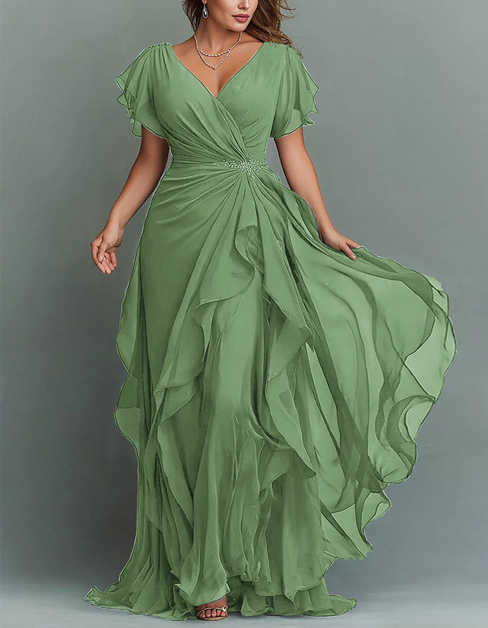 Solid Color V-neck Ruffled Chiffon Maxi Dress