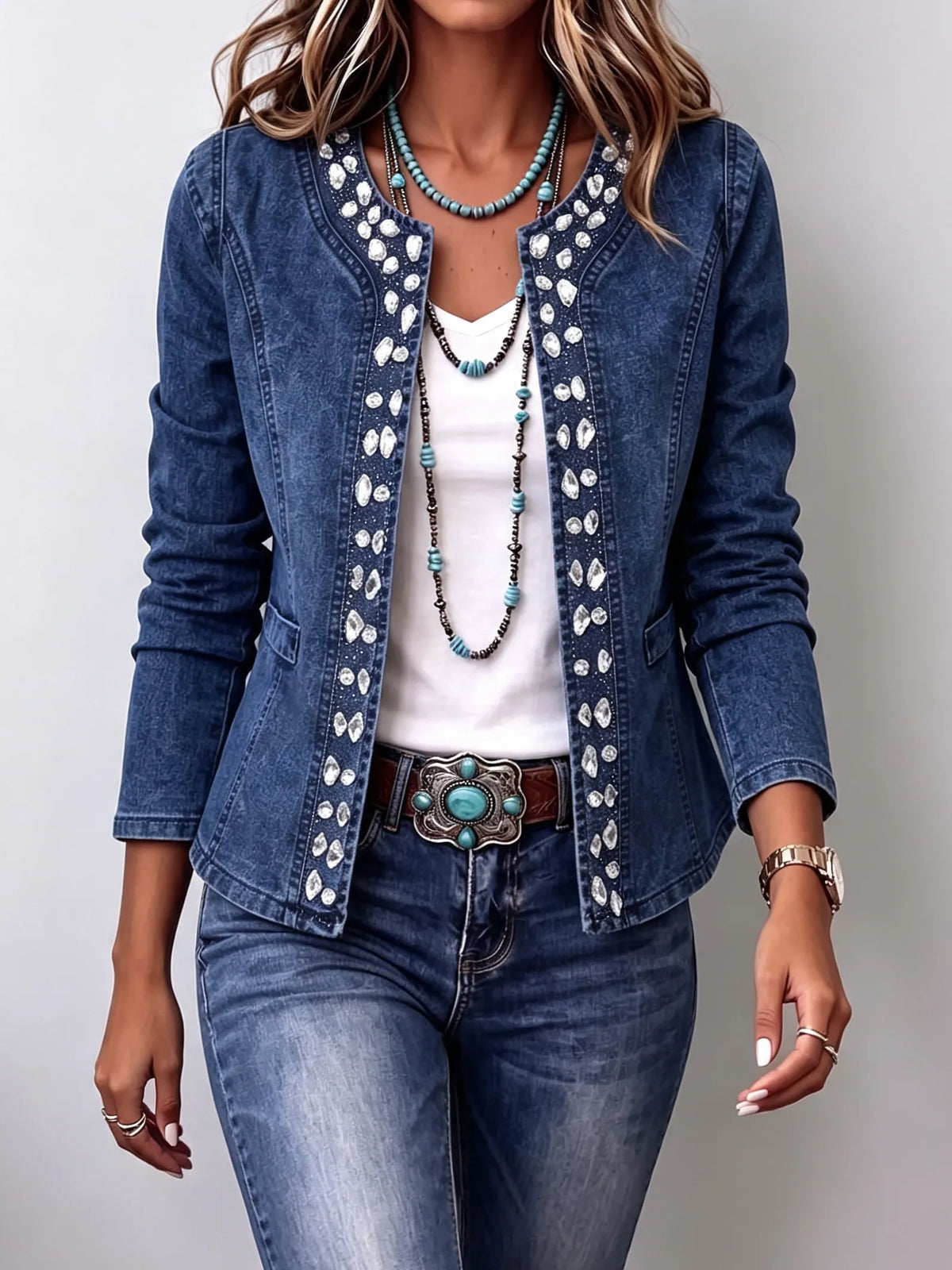 Elegant Rhinestone Trim Stretch Denim Jacket