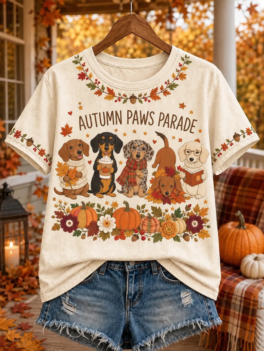 Women's Retro Autumn-themed Dachshund Puppy Patterns Fall To Hoilday Casual Printed T-shirt