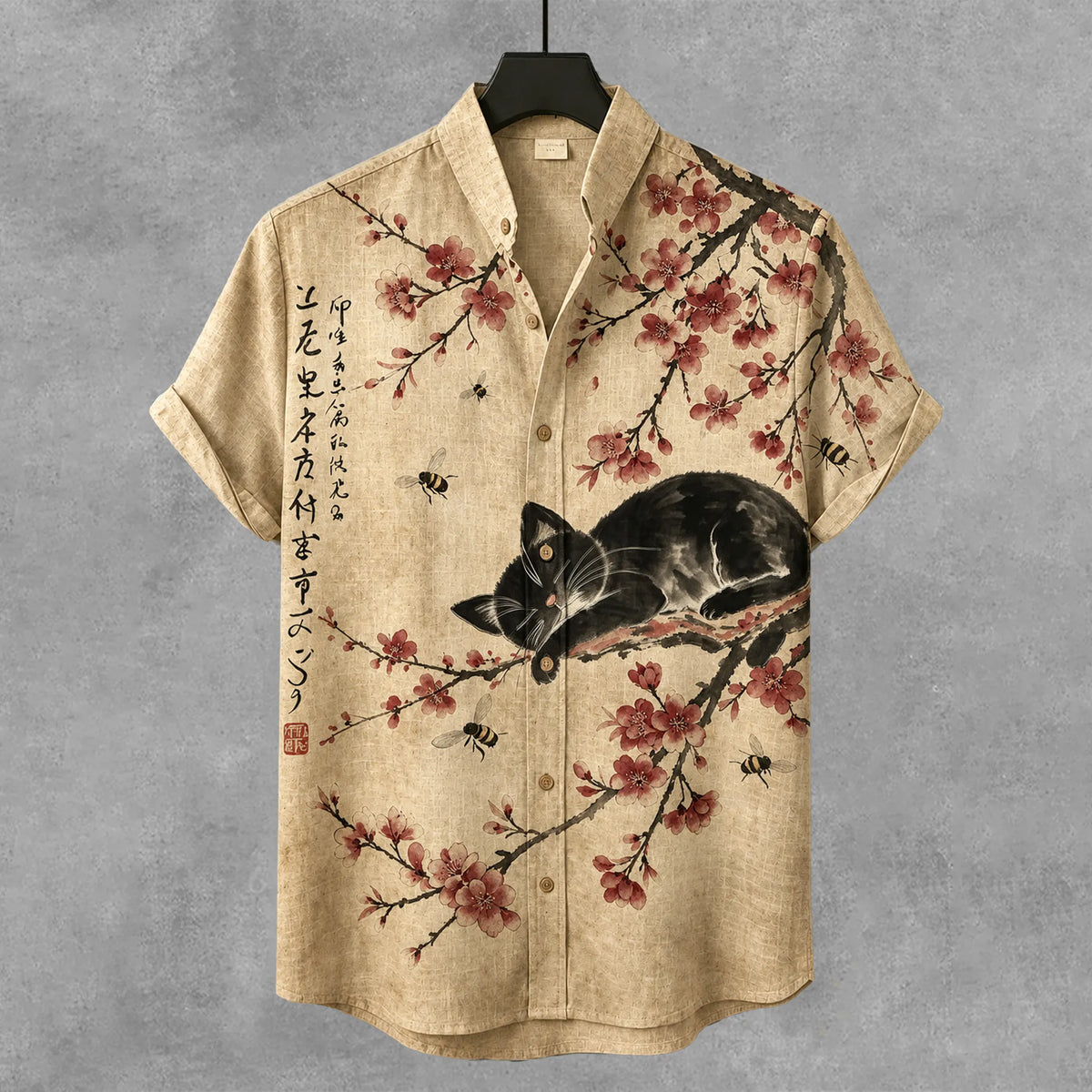 Men's Vintage Lazy Cat Sleeps In Cherry Blossom Pattern Linen Blend Casual Shirt