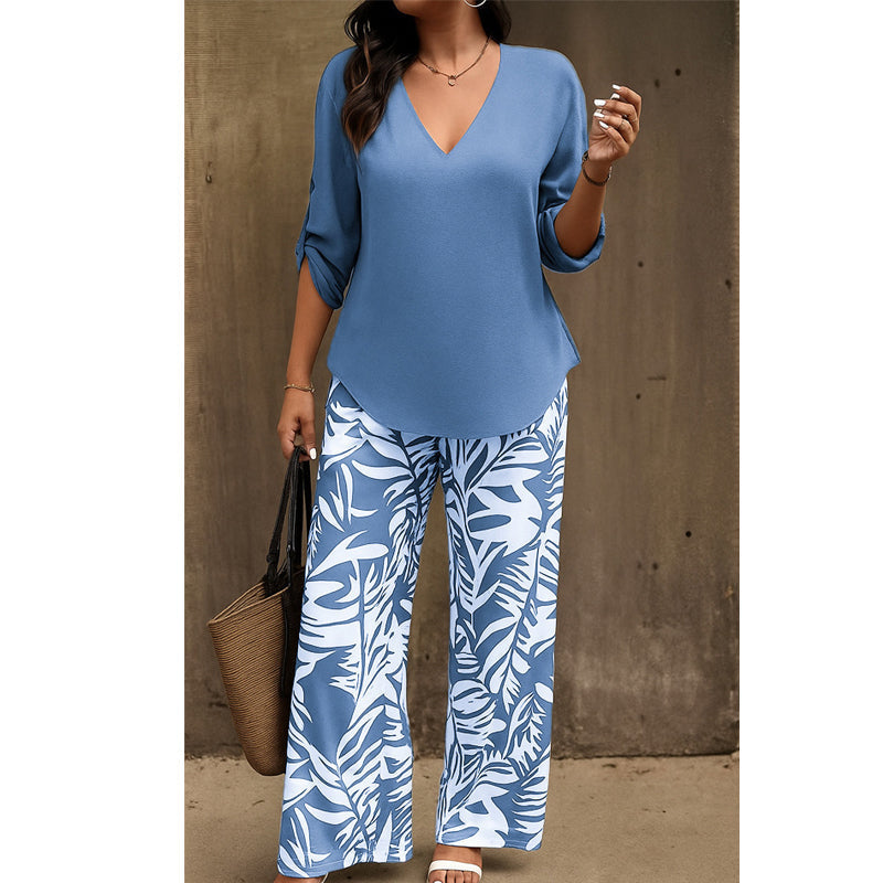 🔥LAST DAY 49% OFF - Women's V-Neck Blouse & Printed Wide-Leg Pants Set