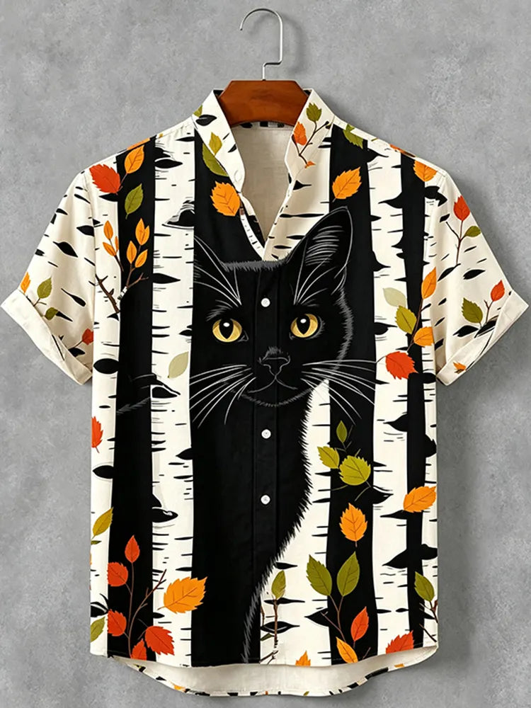Men's Retro Autumn Leaves And Black Cat Pattern Casual Shirt