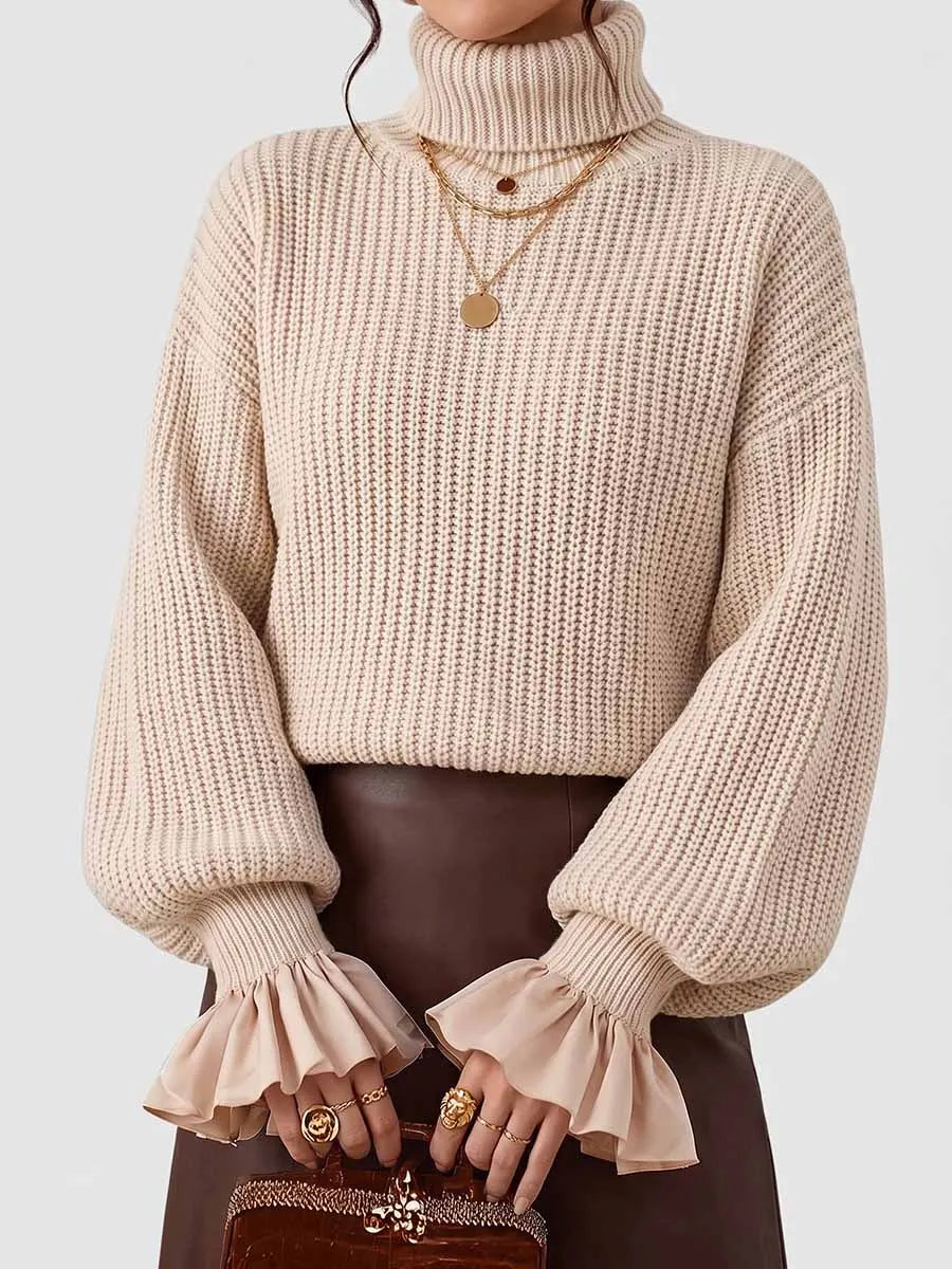 Women's Solid Color High Neck Long Sleeve Casual Loose Knitted Pullover