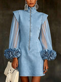 Romantic 3d Floral Denim Mesh Sleeve Zip-up Dress