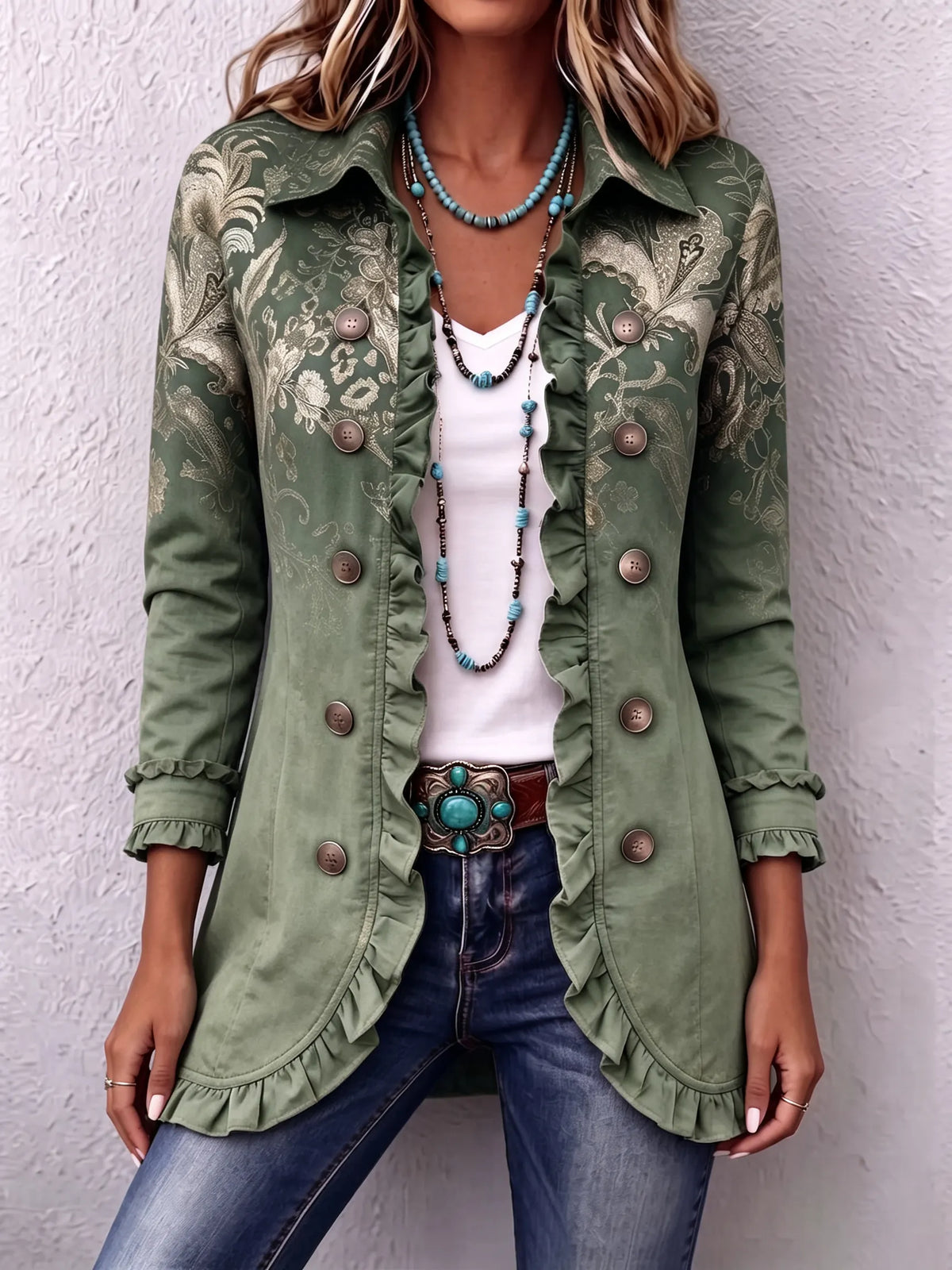 Bohemian Gold Floral Print Ruffle Jacket