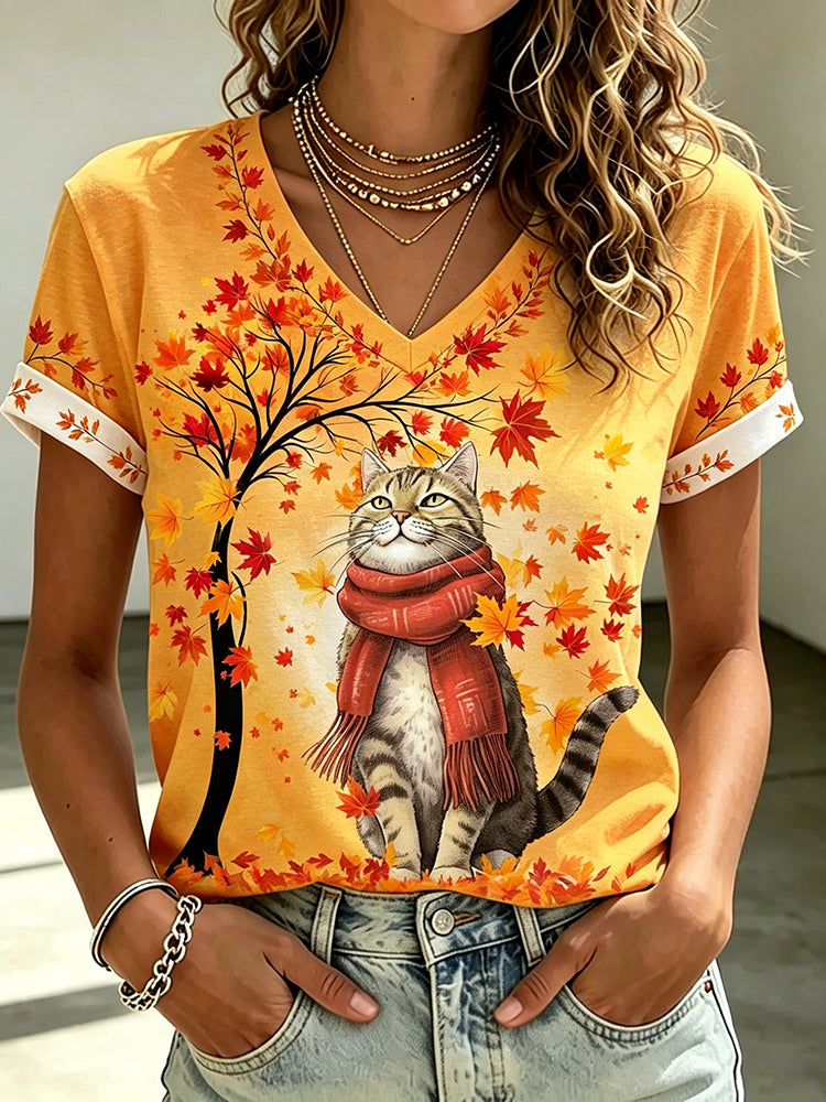 Women's  Cute Cat And Maple Leaf Print Casual T-shirt