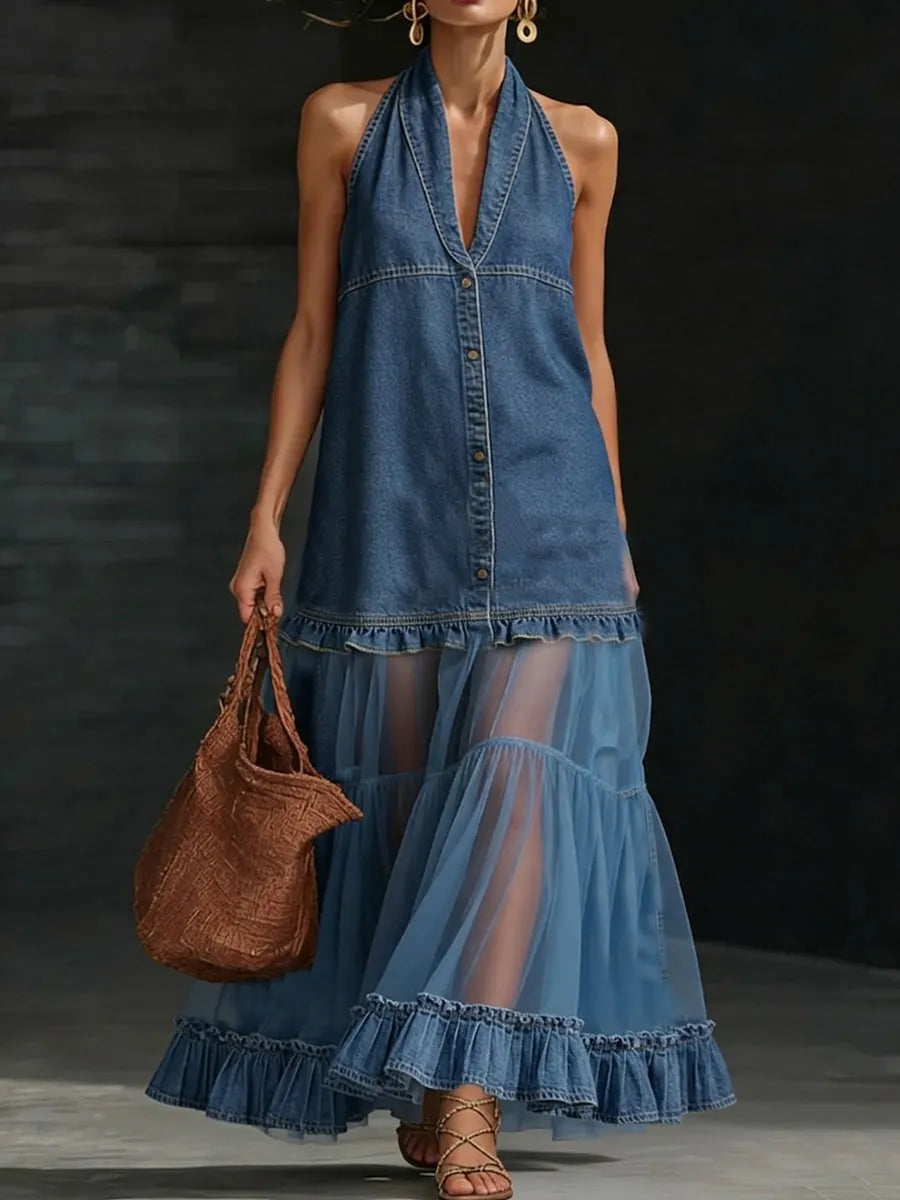 🔥LAST DAY SAVE 49% ⏰Stylish Elegant Organza-Paneled Denim Maxi Dress
