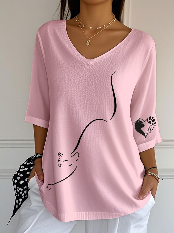 Women's Cute Cat Print Casual V-Neck T-Shirt