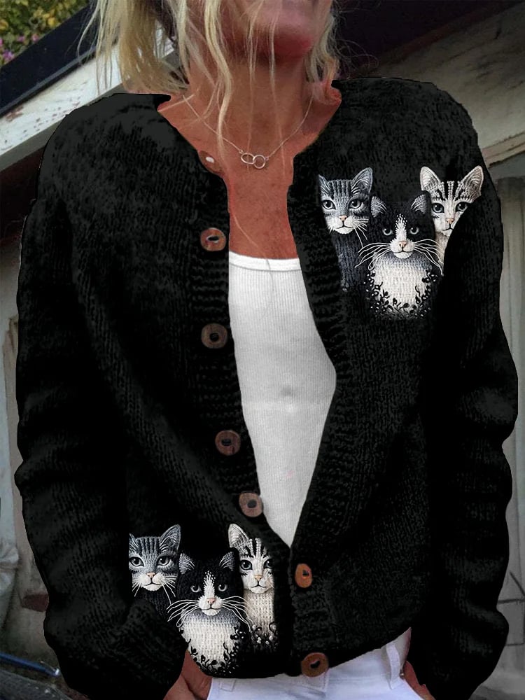 Women's Cute Cat Pattern Crew Neck Cardigan