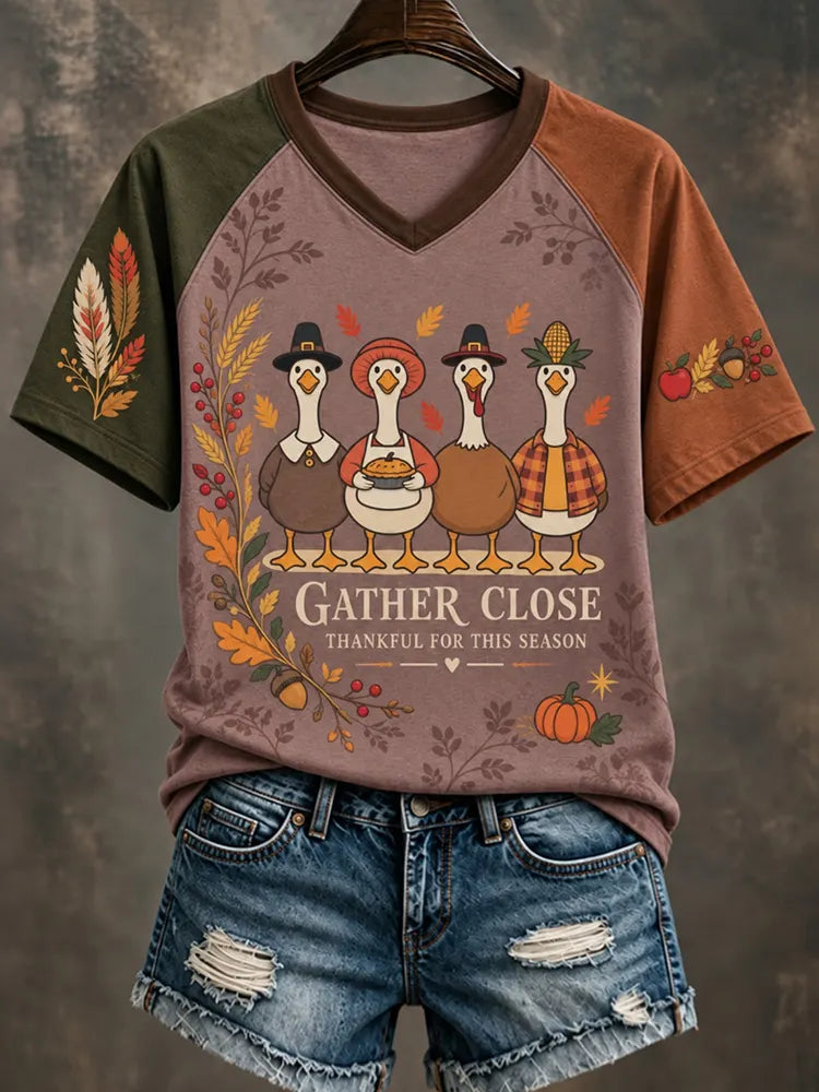 Women's Vintage Autumn Thanksgiving Print T-shirt