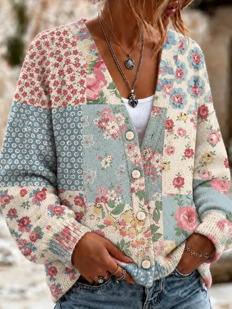 Women's Retro Floral Pattern Art Casual Knit Cardigan