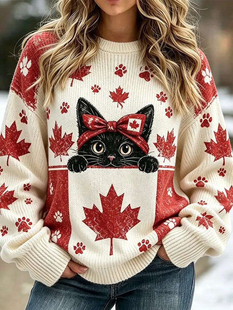 Women's Maple Leaf Black Cat Color Block Print Crew Neck Sweater