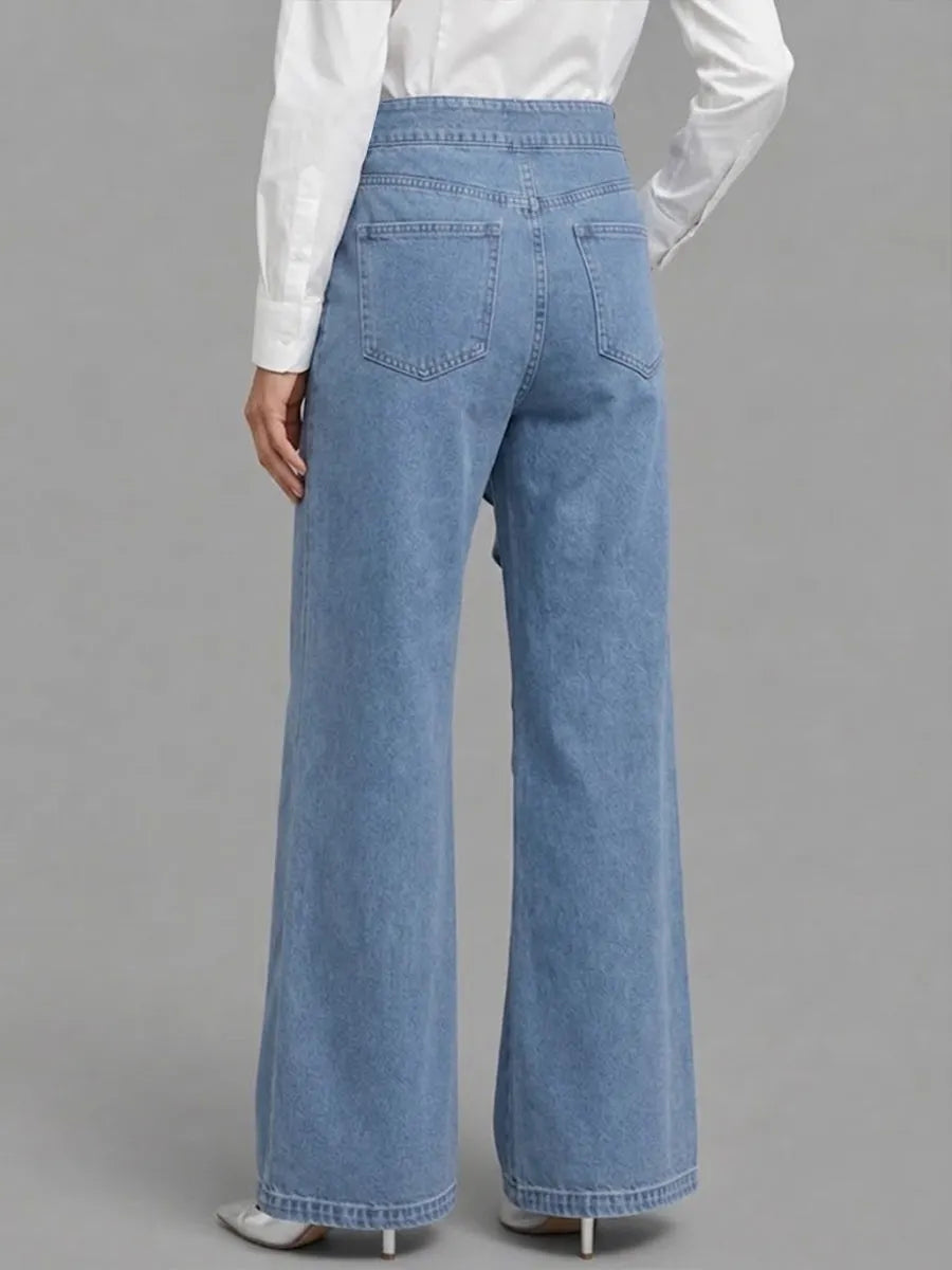 Elegant And Stylish Wide-leg Denim Pants With Ruffle And Floral Appliques.
