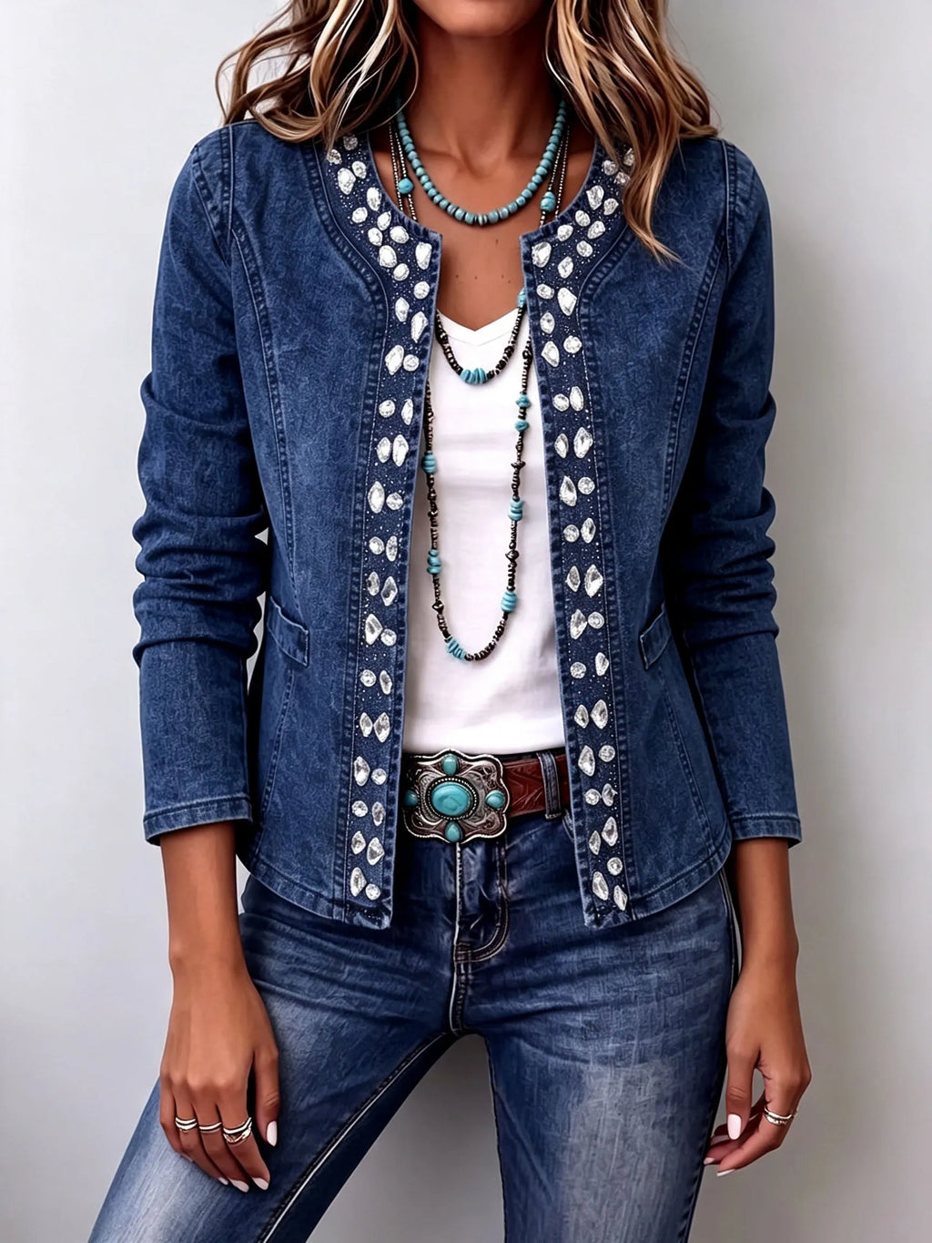 Elegant Rhinestone Trim Stretch Denim Jacket