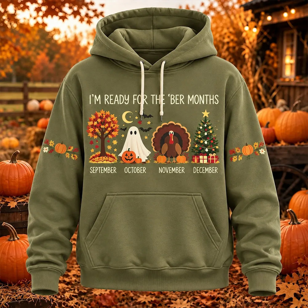 Women's I'm Ready For The Ber Months Fall Pumpkin Turkey Snowman Print Pocket Hoodie