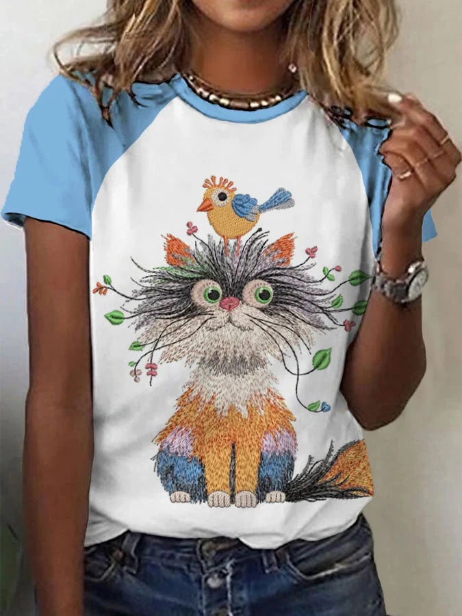 Women's Animal Cute Cat Graphic Print Raglan Comfortable T-shirt
