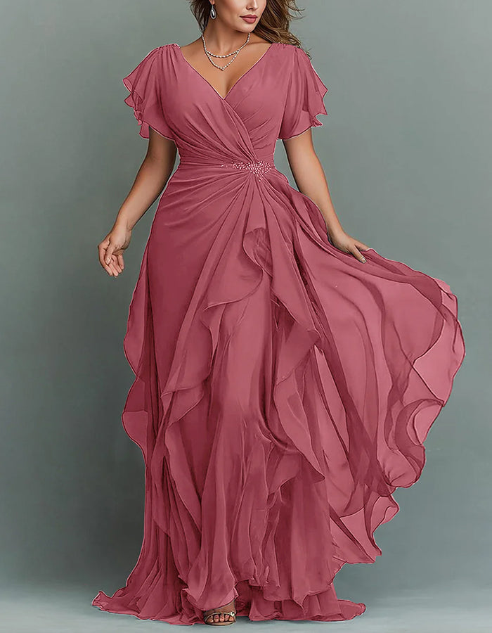 Solid Color V-neck Ruffled Chiffon Maxi Dress