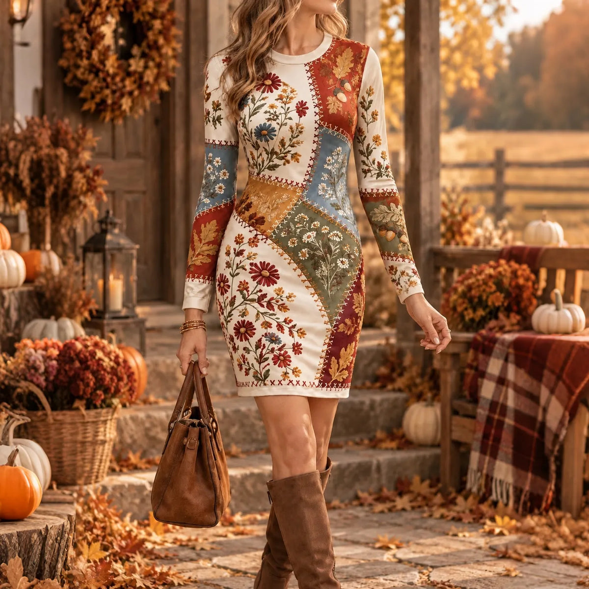 Women's Autumn Maple Leaf & Floral Color-block Graphic Crew Neck Dress