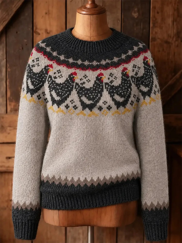 Women's Retro Rustic Chicken Print Cozy Fair Isle Style Knit Sweater