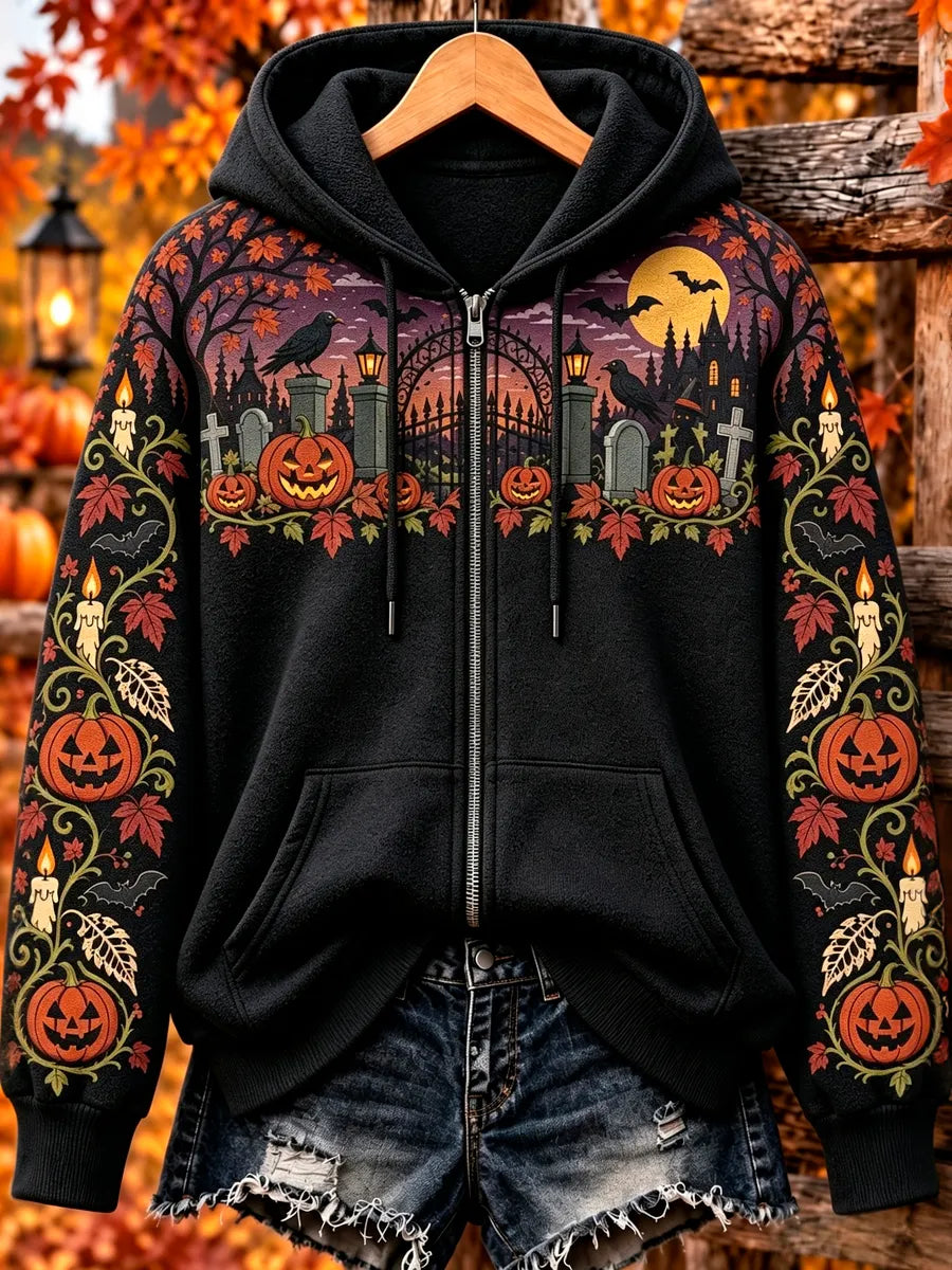 Women's Vintage Halloween Crow And Pumpkin Art Print Zipper Hoodie