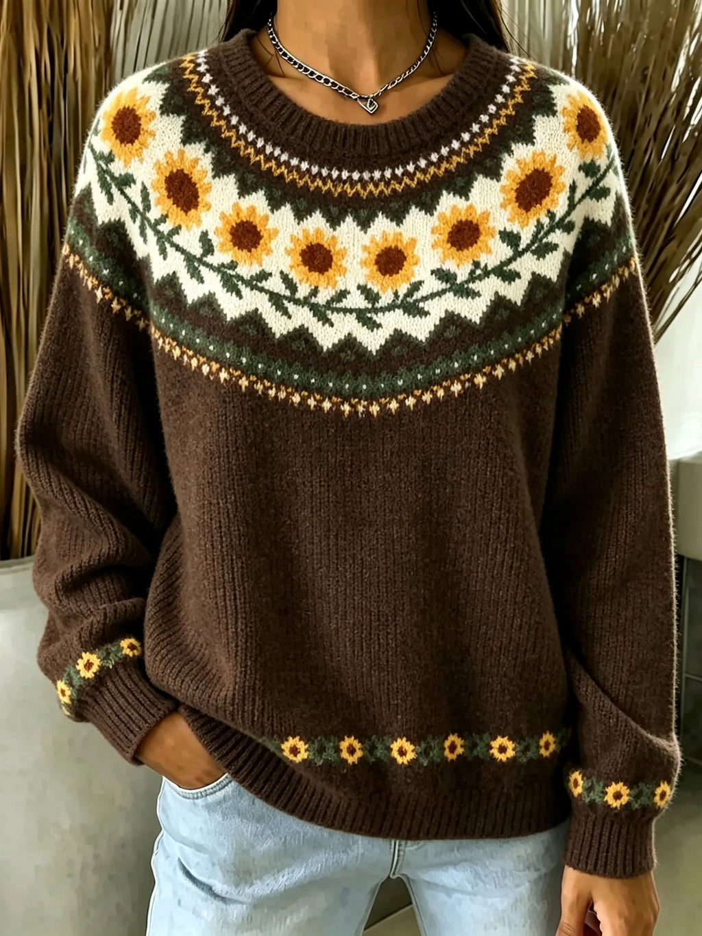Women's Retro Floral Print Crew Neck Knit Sweater