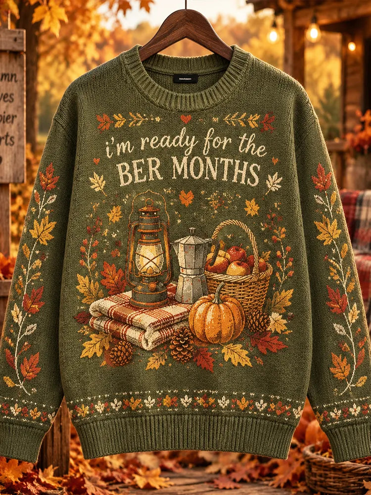 Women's Autumn "ber Months" Green Knit Sweater With Lantern, Moka Pot & Pumpkin Pattern