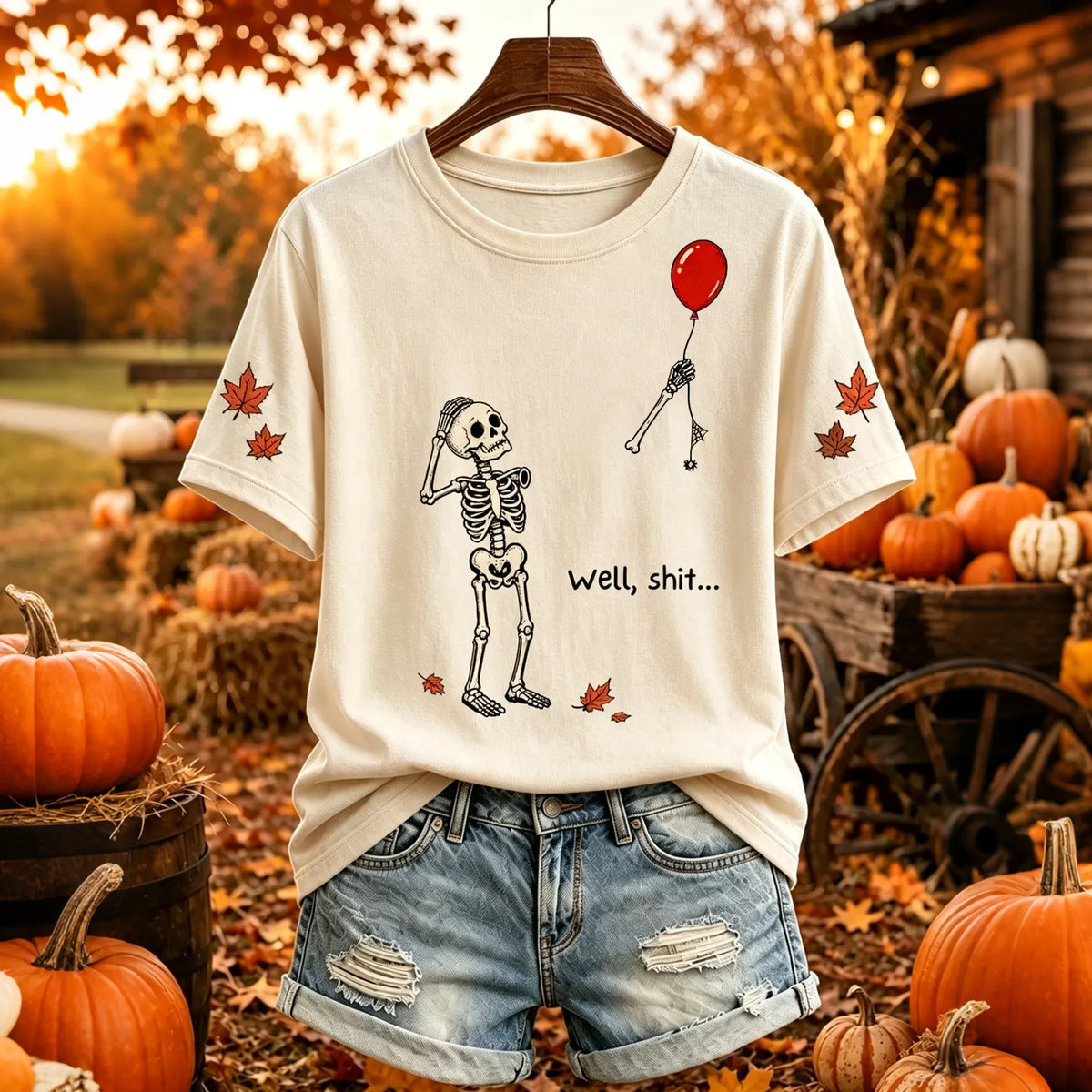 Women's Vintage Halloween Fall  Skeleton Red Balloon Print Crew Neck Short Sleeve T-shirt