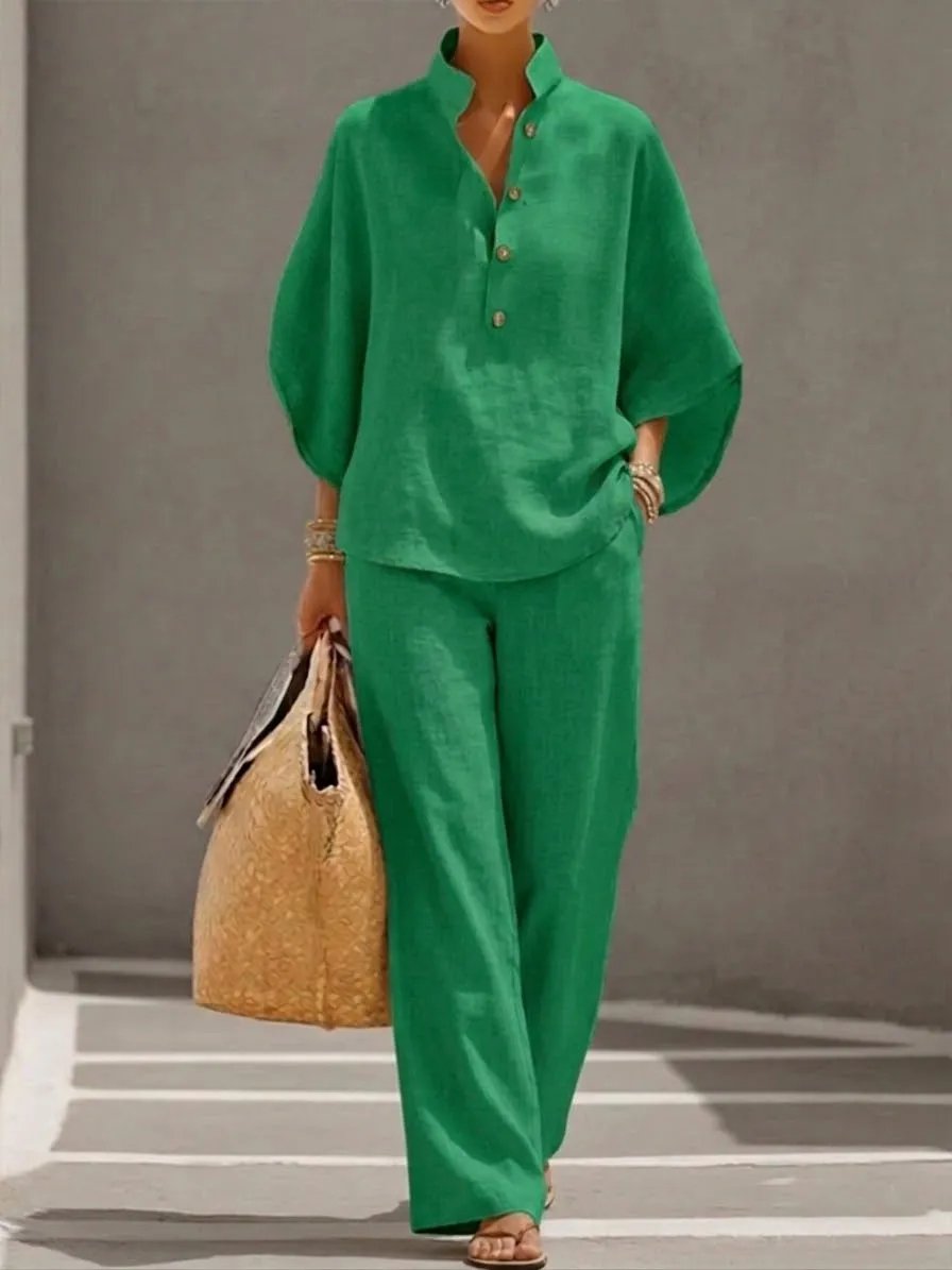 🔥 49% OFF🔥Women's Batwing Sleeve Linen Cotton Two-Piece Set – Casual Shirt & Wide Leg Pants Outfit - Khaki / S / Only 8 In Stock🚨Sale ends in 2 days⚡