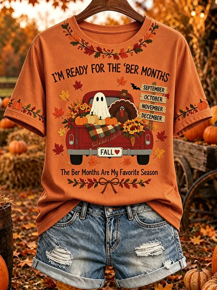 Women's I'm Ready For The 'ber Months Print Crew Neck Short Sleeve Casual T-shirt
