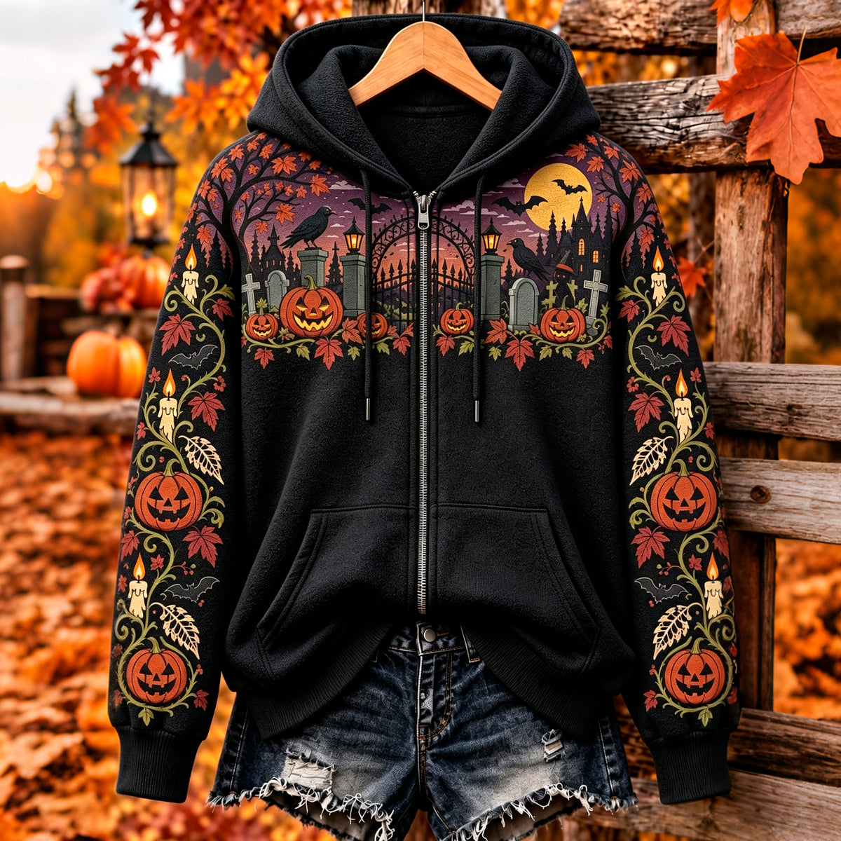 Women's Vintage Halloween Crow And Pumpkin Art Print Zipper Hoodie