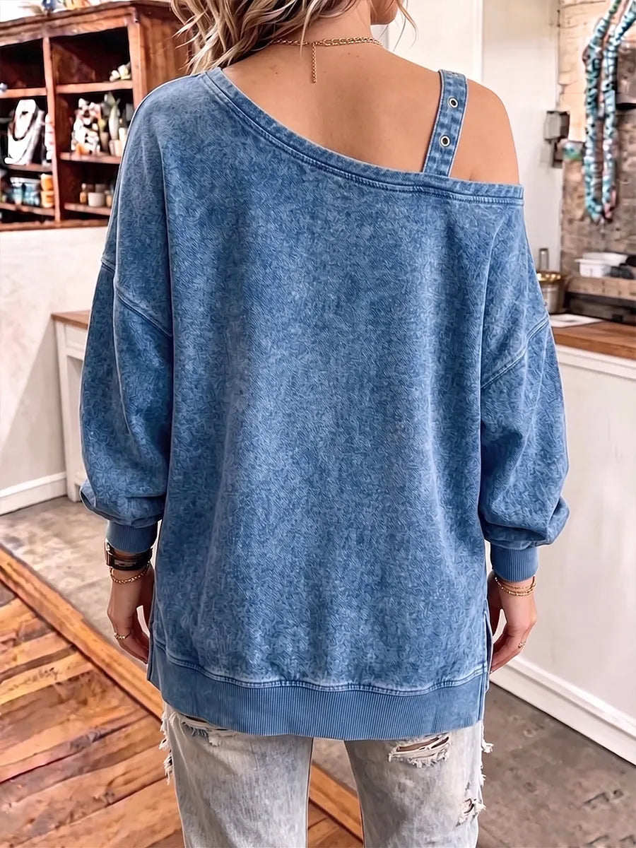 Edgy  sloping shoulders Denim-Wash Buckle Top