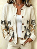 Women's Retro Cat Print Sweater Jacket
