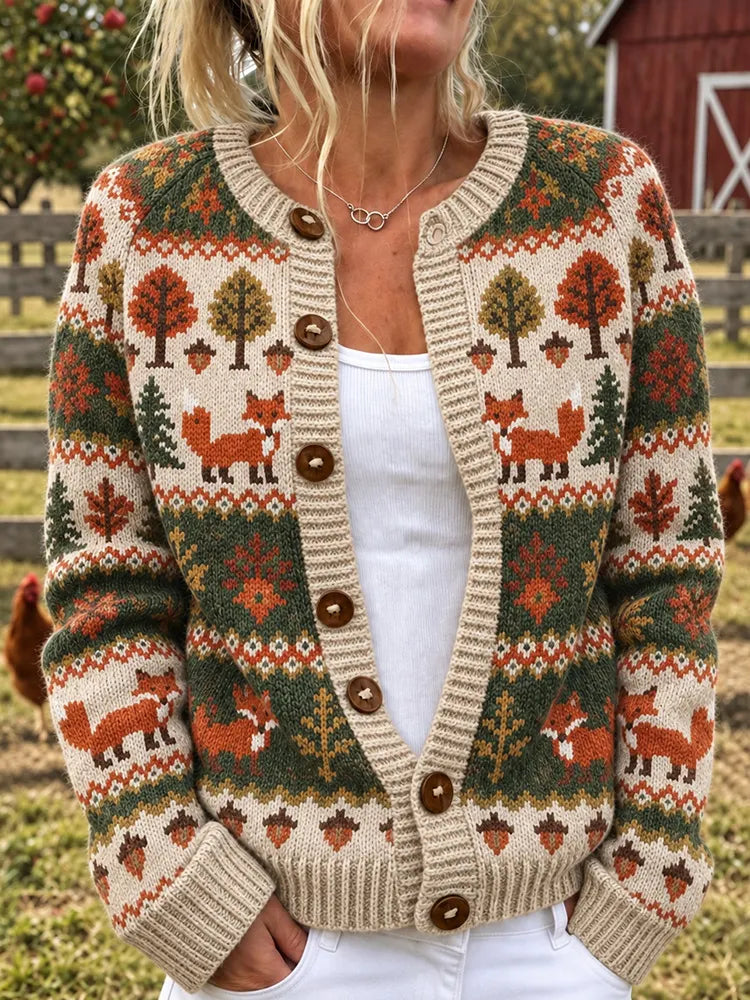 Women's Vintage Farm Fox Pattern Cozy Knit Cardigan