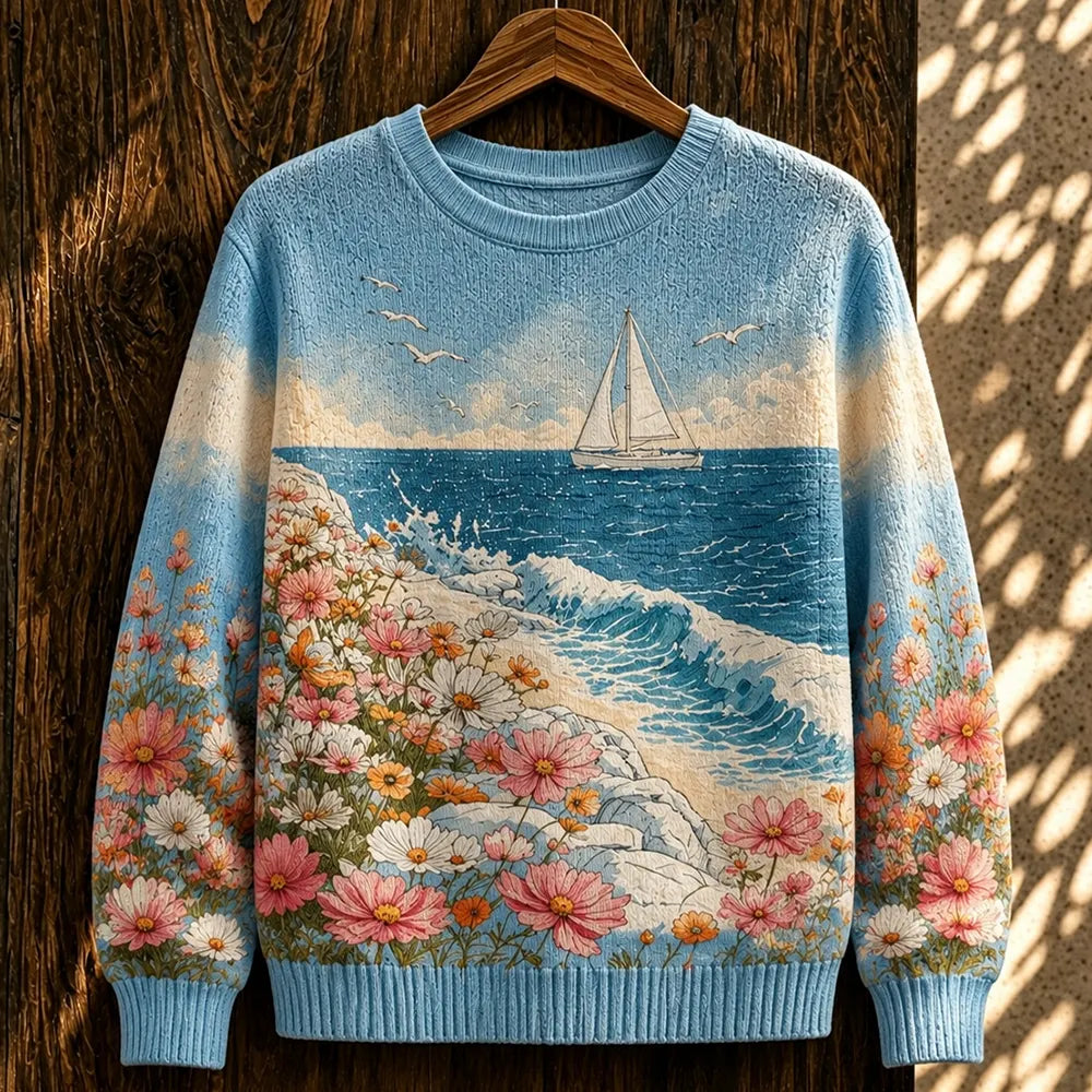 Women's Coastal Seascape Graphic Knit Sweater - Blue Ocean Waves & Floral Shoreline Print