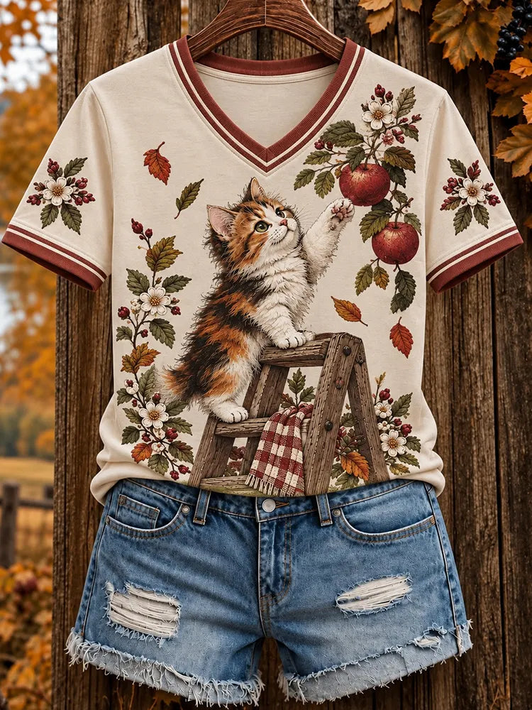 Women's Autumn Cute Cat Art Short Sleeve T-shirt