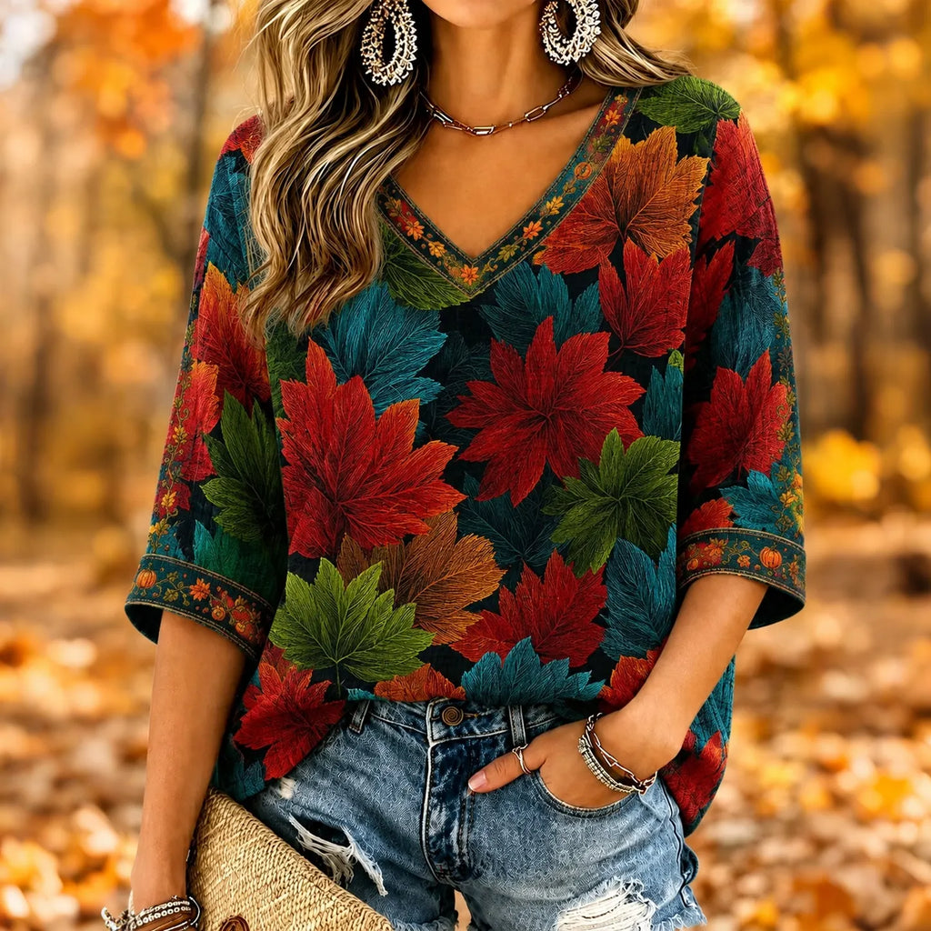 Women's Vintage Boho Fall Maple Leaf Print Art Flowy Linen Blend V‐neck 3/4 Sleeve Top
