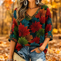 Women's Vintage Boho Fall Maple Leaf Print Art Flowy Linen Blend V‐neck 3/4 Sleeve Top