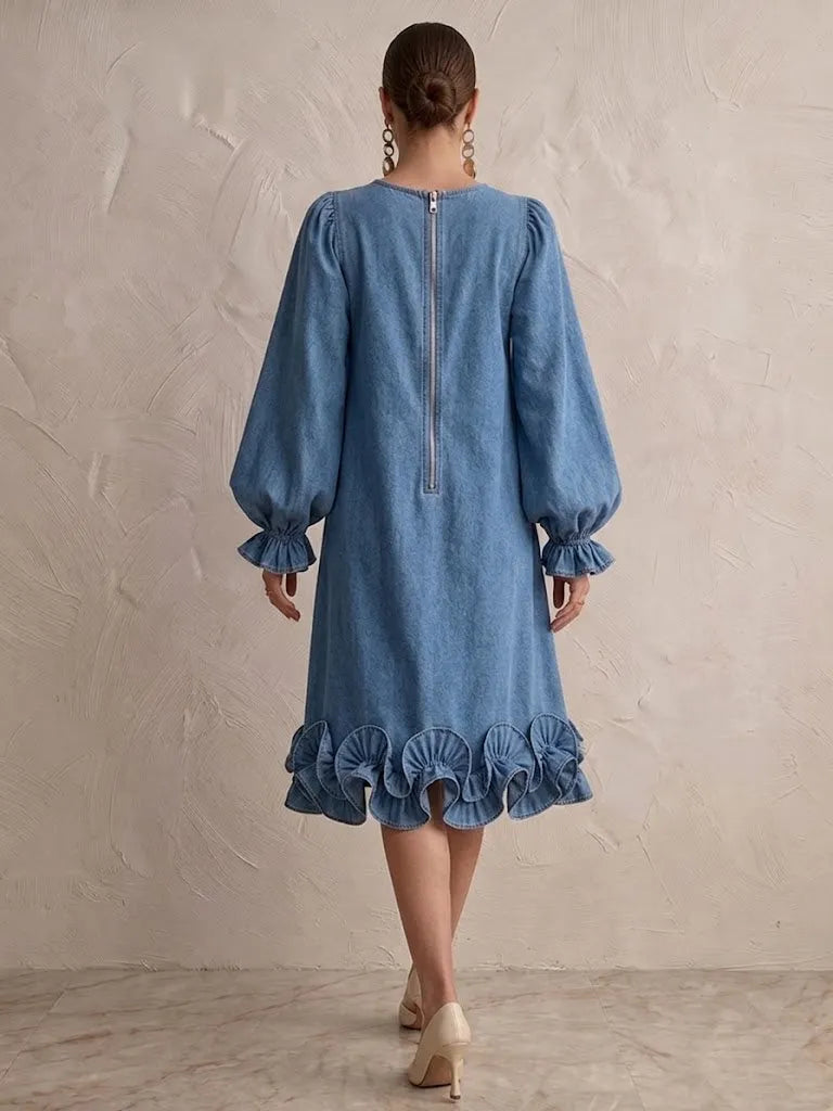 Elegant Ruffled Denim Midi Dress