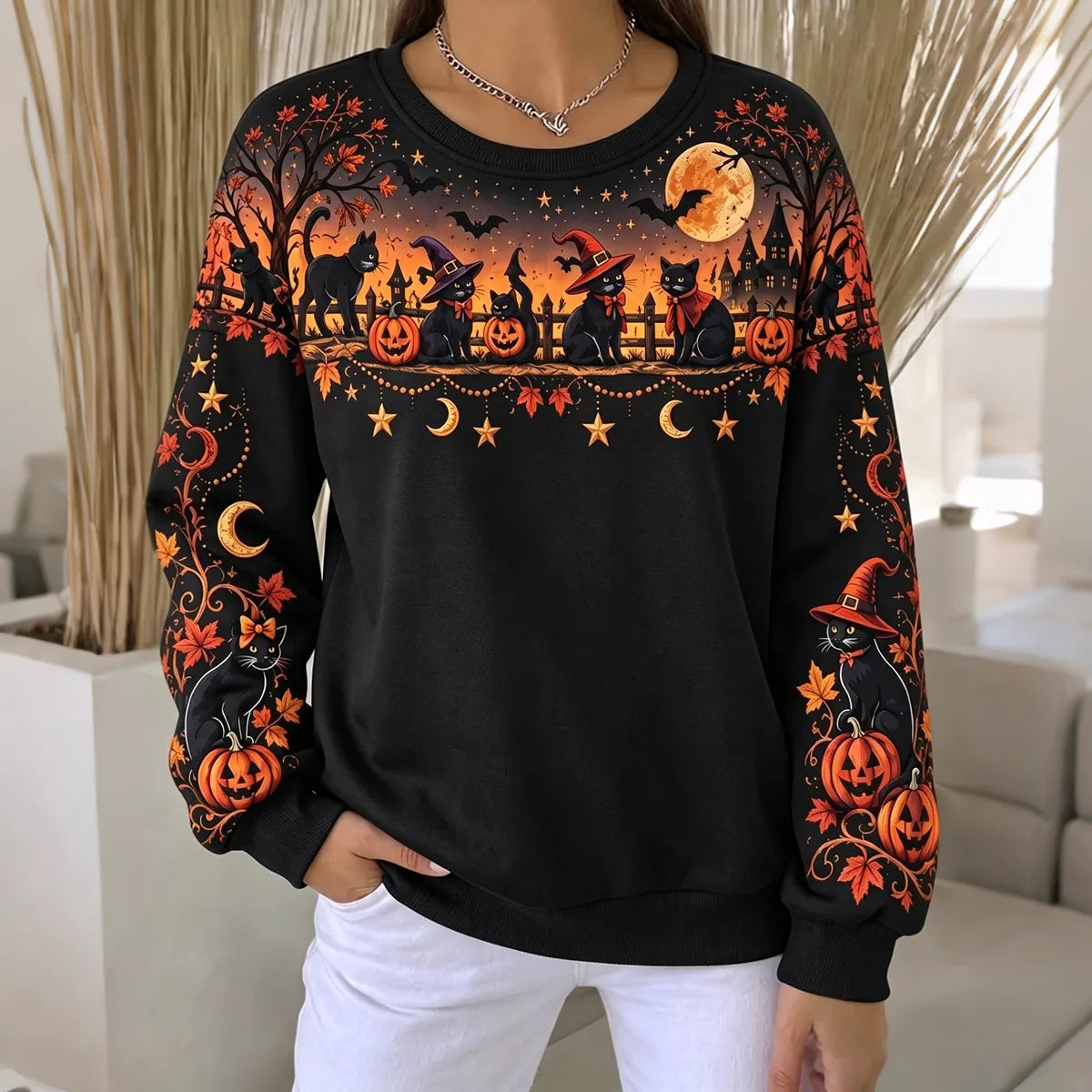 Women's Halloween Black Cat And Pumpkin Art Print Crewneck Sweatshirt