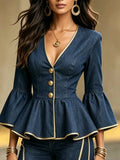 Elegant Chic Ruffled Denim Top With Gold Trim