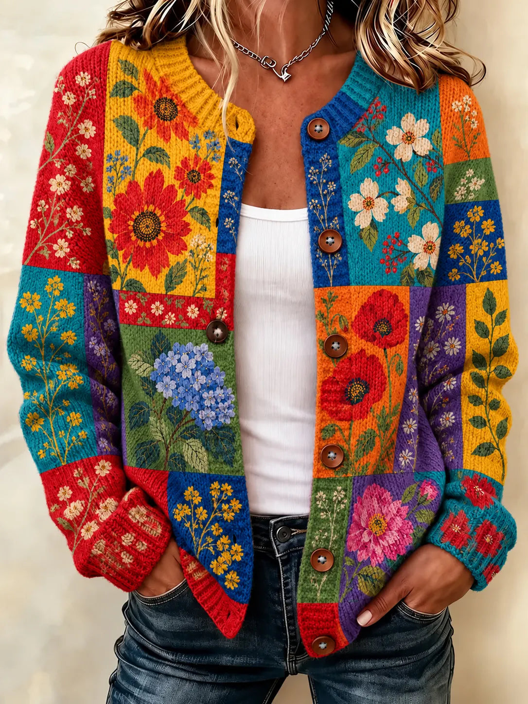 Women's Retro Colorful Floral Pattern Art Casual Knit Cardigan