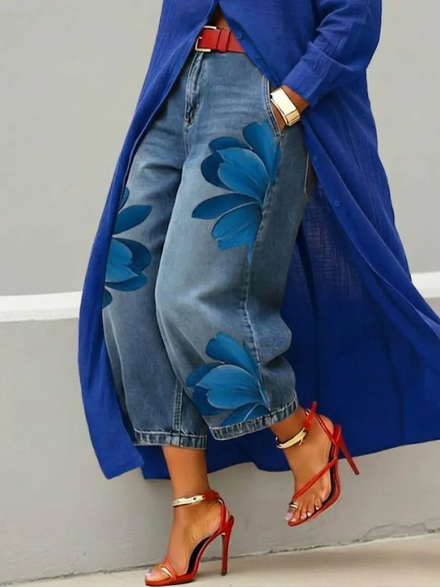 Women's Vintage Wash Red Floral Embroidered Denim Pants
