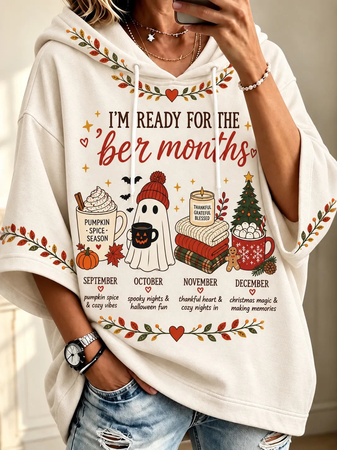 Women's I'm Ready For The 'ber Months Print Half Sleeve Casual Hoodie